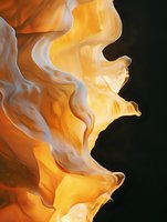 Abstract fluid art with flowing orange, yellow, and white paint against black background creating dynamic organic shapes and movement.