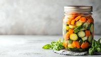 Fresh pickled vegetables in glass jar with carrots, cucumbers and herbs on light background with copy space. Homemade fermented food preservation concept.