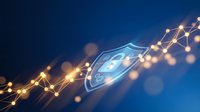 Digital security shield with glowing network connections and bokeh lights on blue background for cybersecurity and data protection concepts.
