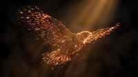 Glowing eagle made of golden fire sparks and embers soaring through dramatic light rays on dark background, freedom and power concept.