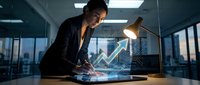 Man in dark business suit analyzing digital growth chart on tablet at modern office desk with lamp and city skyline view, representing financial analysis and business success.