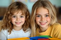 Two young Caucasian girls with bright smiles and long hair pose together, younger with curly brown hair in white, older in yellow, holding colorful books for education concept.