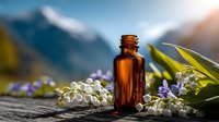 Amber essential oil bottle with lily of the valley flowers against majestic mountain backdrop, perfect for wellness and aromatherapy designs.