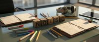 Wooden letter blocks spelling NOTICE on glass desk with legal documents, gavel, and colorful pens in bright office setting for legal notifications.