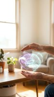 Hands holding glowing holographic brain with purple and cyan light, representing artificial intelligence, mental health, mindfulness, and innovation in modern home interior with natural window light.