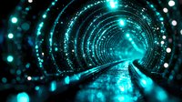 Futuristic glowing tunnel in cyan blue with light reflections and bokeh effects creates abstract technological perspective with circular patterns.