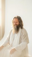 Peaceful middle-aged Caucasian man with long curly hair and beard in white robes meditating in serene bright room for wellness and spiritual content.