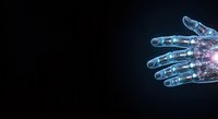 Futuristic robotic hand with glowing blue and purple neon lights on dark background, representing artificial intelligence, technology, and innovation for digital transformation concepts.