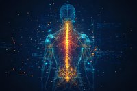 Digital visualization of human spine and nervous system with glowing energy pathways on dark background, highlighting neural connections through luminous network.