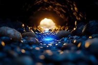 Mystical cave tunnel with glowing light at end and blue water stream flowing through rocky path, creating magical atmosphere with golden reflections.