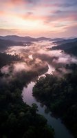 Misty river winding through lush forest valley at sunrise with pink clouds and mountain silhouettes creating serene natural landscape for travel and nature content.
