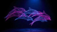 Digital wireframe dolphins jumping in neon purple and blue colors on dark background for modern tech designs and futuristic concepts.