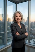 Confident senior businesswoman with crossed arms in dark suit standing by office windows overlooking city skyline at sunset for corporate leadership concepts.