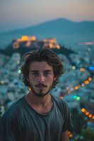 Young man with wavy hair at twilight overlooking illuminated cityscape with historic acropolis and mountains in background during blue hour.