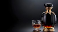 Crystal decanter with ornate golden base and matching glass filled with amber liquid on dark background with dramatic lighting and reflection.