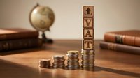 VAT tax increase concept with stacked coins forming upward trend, wooden blocks spelling VAT, globe and vintage books on desk for business finance education.