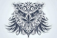 Ornate owl face design featuring intricate swirling patterns and decorative elements in dark gray on light background, suitable for tattoo art and graphic projects.
