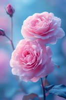 Delicate pink roses bloom against dreamy blue background, soft petals unfold in ethereal light creating romantic mood for wedding and valentine designs.