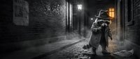 Victorian era detective in long coat examining evidence with magnifying glass on foggy cobblestone street at night under gas lamp creating mysterious atmosphere.