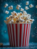 Fresh popcorn overflowing from striped container with kernels floating against turquoise background, dramatic lighting creates cinematic atmosphere for movie night concept.