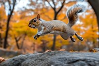 Gray squirrel jumping in autumn park with colorful fall foliage background, wildlife nature scene for seasonal outdoor adventure content.