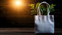 Eco-friendly white reusable shopping bag with fresh green leaves on wooden surface against dark background with warm sunlight glow. Great for sustainability concepts.