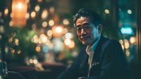 Middle-aged Asian businessman in suit sitting at upscale bar with warm bokeh lights, evening networking atmosphere for corporate hospitality concepts.