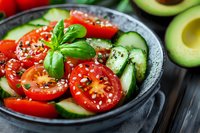 Fresh salad with cherry tomatoes, cucumber slices, basil leaves and sesame seeds in dark bowl, avocado halves on wooden background. Healthy food concept.