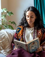 Young Hispanic woman with long dark hair reading book on couch, wearing colorful ethnic pattern cardigan. Cozy home setting with houseplant and teal curtain background.