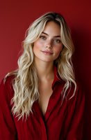 Young Caucasian woman with long wavy blonde hair and natural makeup wearing red button-up shirt poses against burgundy background, expressing confidence and warmth.