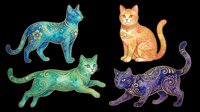 Decorative cats with ornamental patterns in blue, green, orange and purple isolated on transparent background. Ready for t-shirt design, clipart, stickers, sublimation and print-on-demand products.