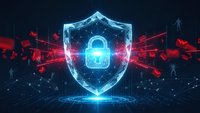 Cybersecurity shield with glowing padlock protecting against red cyber attacks on dark digital background for network security concepts.