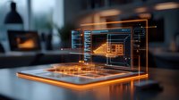 Digital architectural blueprint glowing in orange neon light on modern laptop screen, showing futuristic construction project with holographic interface display.