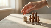 Protective hand over wooden family figures with coins symbolizing financial security, insurance coverage, and wealth management planning for households.