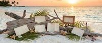 Tropical beach sunset scene with blank wooden signs and driftwood on white sand. Palm fronds scattered around rustic display perfect for vacation messaging.