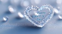Crystal heart shape with Happy Valentine's Day text on sparkling blue background with bokeh effect. Romantic holiday greeting card concept for love celebration.
