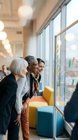 Diverse team of professionals collaborating in modern office space, reviewing project plans and sketches on glass wall during brainstorming session for business development.