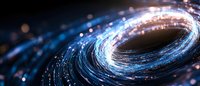Glowing spiral vortex with blue and orange light trails on dark background creates futuristic tunnel effect, suitable for technology and innovation concepts.
