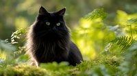 Majestic black cat with green eyes resting in lush forest undergrowth surrounded by ferns and moss in soft natural light.