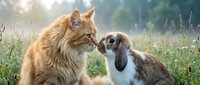 Cat and rabbit touching noses in meadow with wildflowers and misty forest background, depicting friendship and gentle interaction between different species.