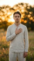 Young Caucasian man in casual linen shirt with hand on chest, standing in golden hour sunlight with blurred nature background, conveying mindfulness and wellness.