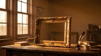 Ornate golden baroque picture frame on wooden desk in warm sunlit room with vintage books and antique decor creating elegant classical interior atmosphere.