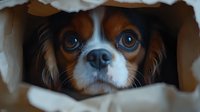 Curious Cavalier King Charles Spaniel dog with expressive blue eyes peeks through white blanket, creating adorable moment of playful hide and seek behavior.