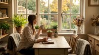 Young woman enjoying morning coffee at wooden table surrounded by houseplants in bright sunlit kitchen with large windows creating cozy domestic atmosphere.