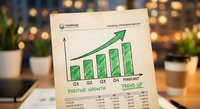 Business financial report showing positive growth trend with green arrow and bar chart on desk with warm bokeh lights background for corporate success.