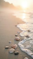 Seashells and smooth stones scattered on sandy beach with gentle waves at golden hour sunrise creating peaceful coastal atmosphere for relaxation concepts.