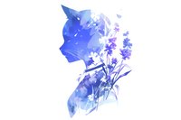 Double exposure silhouette of cat head merged with delicate purple wildflowers and blue watercolor effects, creating dreamy nature-inspired artwork.