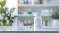 White medicine bottle and pills on pharmacy counter with blurred medical supplies background, healthcare and pharmaceutical concept.