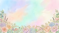 Soft pastel watercolor background with hand-drawn floral border featuring roses, hydrangeas, and greenery, perfect for wedding or greeting card designs.