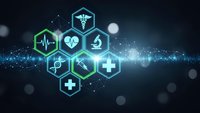 Digital healthcare technology concept with glowing medical icons in hexagonal shapes on futuristic blue background for modern medicine presentations.